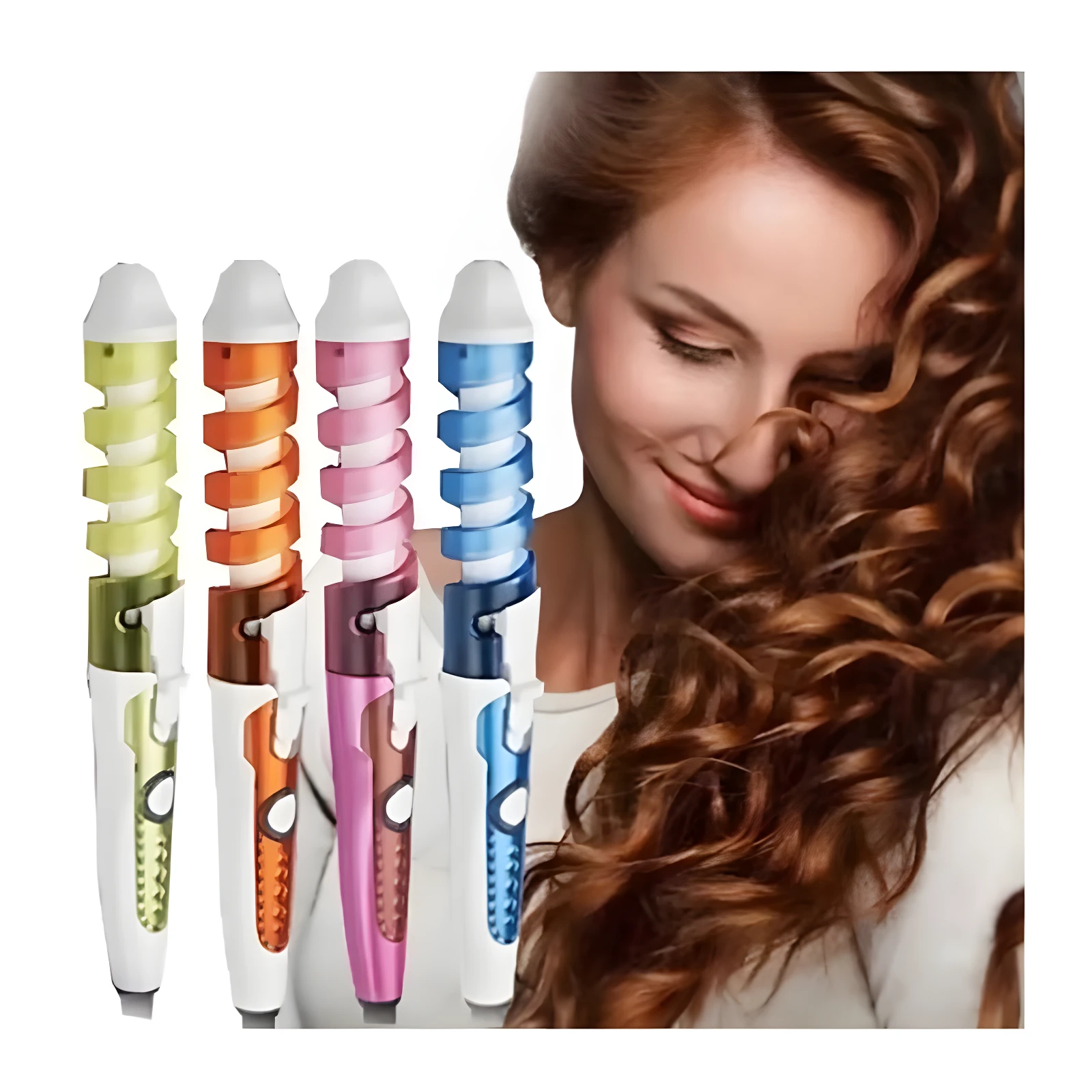 Pinzas rizadoras tipo espiral en colores verde, naranja, rosa y azul, junto a modelo con cabello castaño rizado.