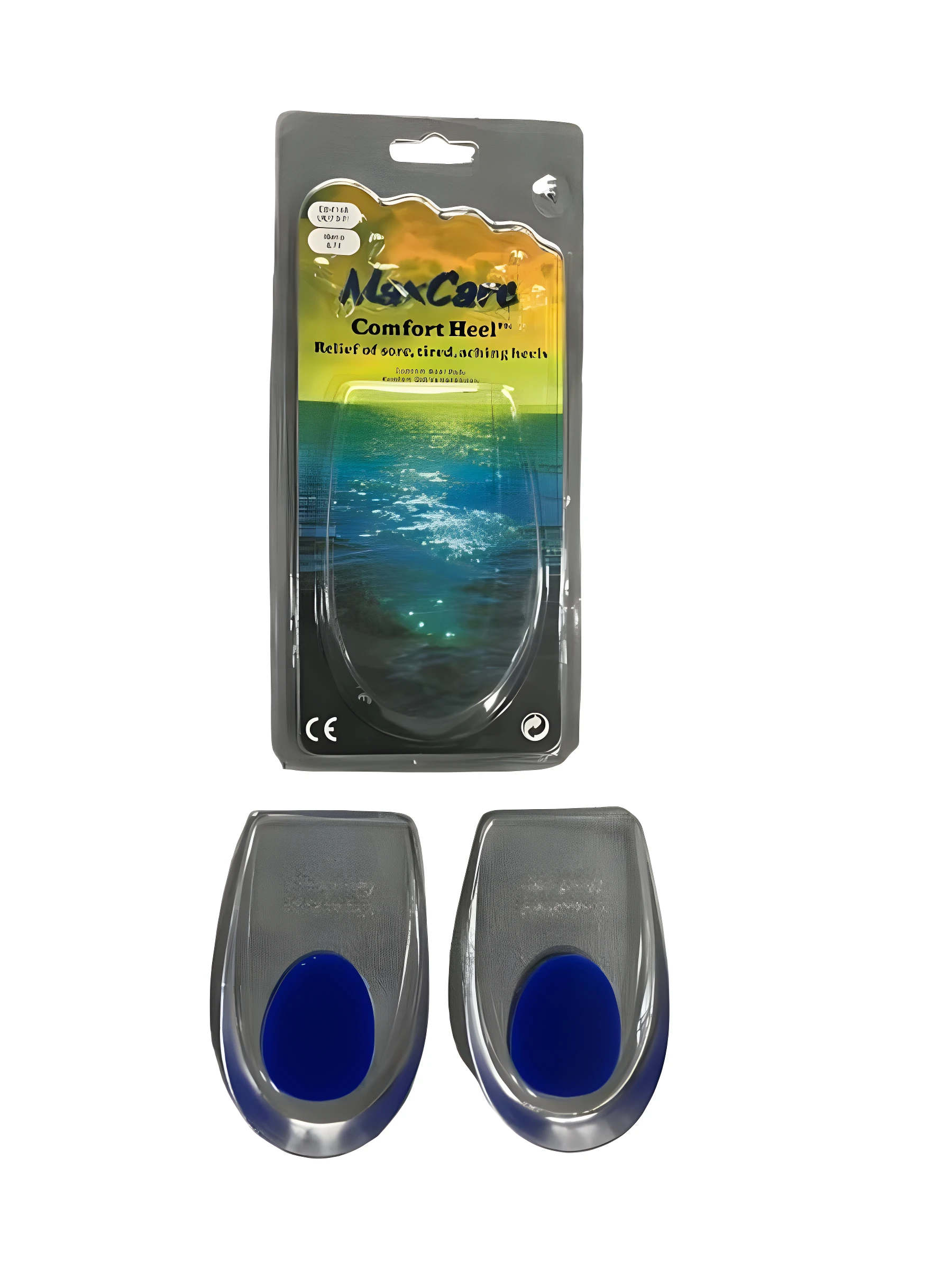 Plantillas de gel ortopédicas para alivio del dolor de talón, empaque y dos unidades visibles.