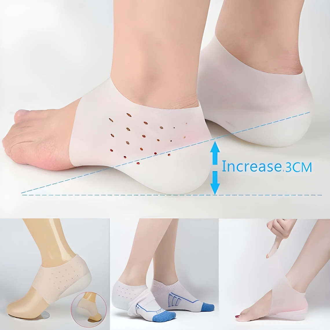 Taloneras de silicona blancas con orificios de ventilación, mostrando aumento de altura de 3 cm. Uso con calcetines o sin ellos.