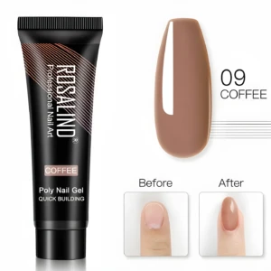 Polygel para uñas Rosalind color café 09, para construcción rápida y extensión. Antes y después.