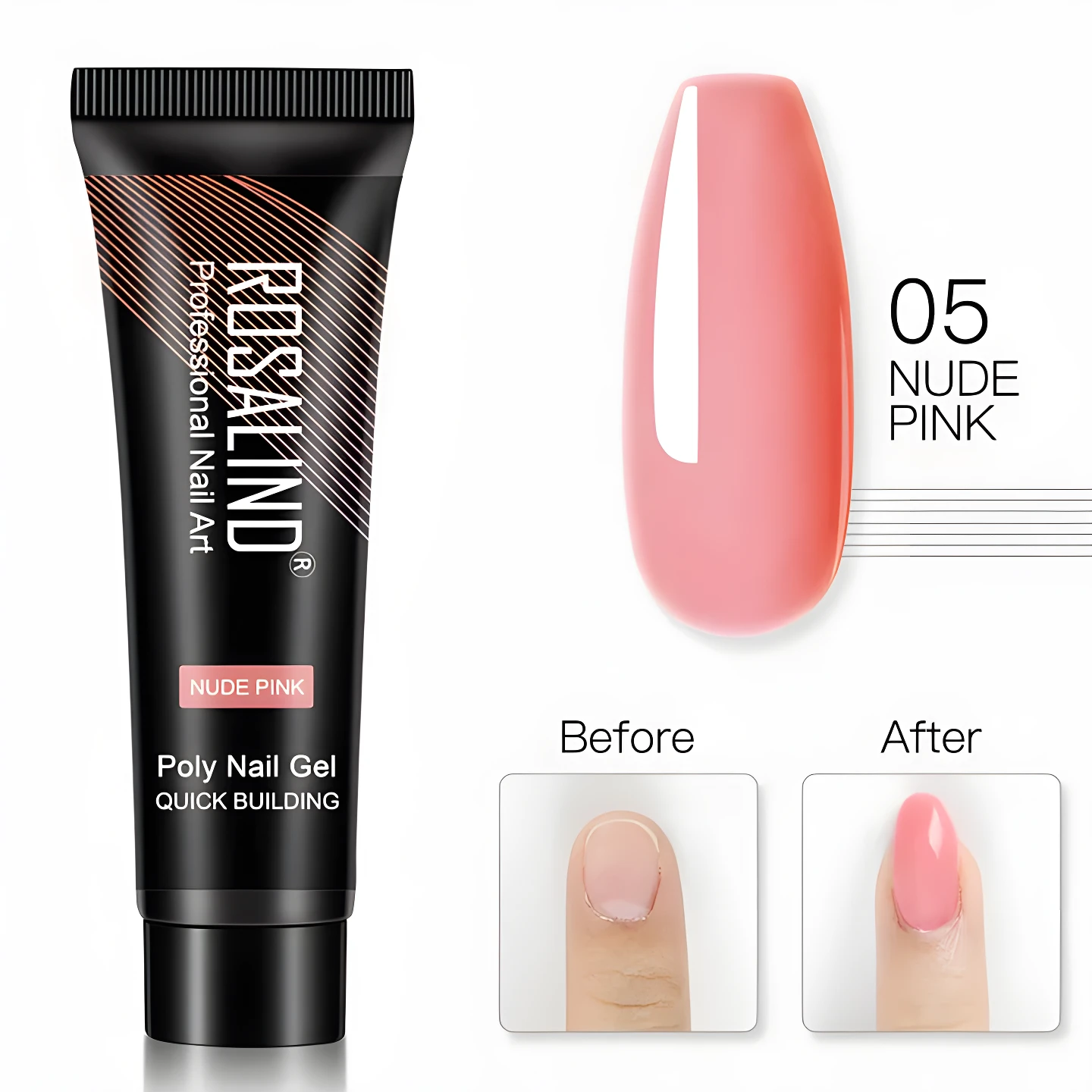 Tubo de Polygel color rosa nude 05 de Rosalind para construcción rápida de uñas, con demostración antes y después.