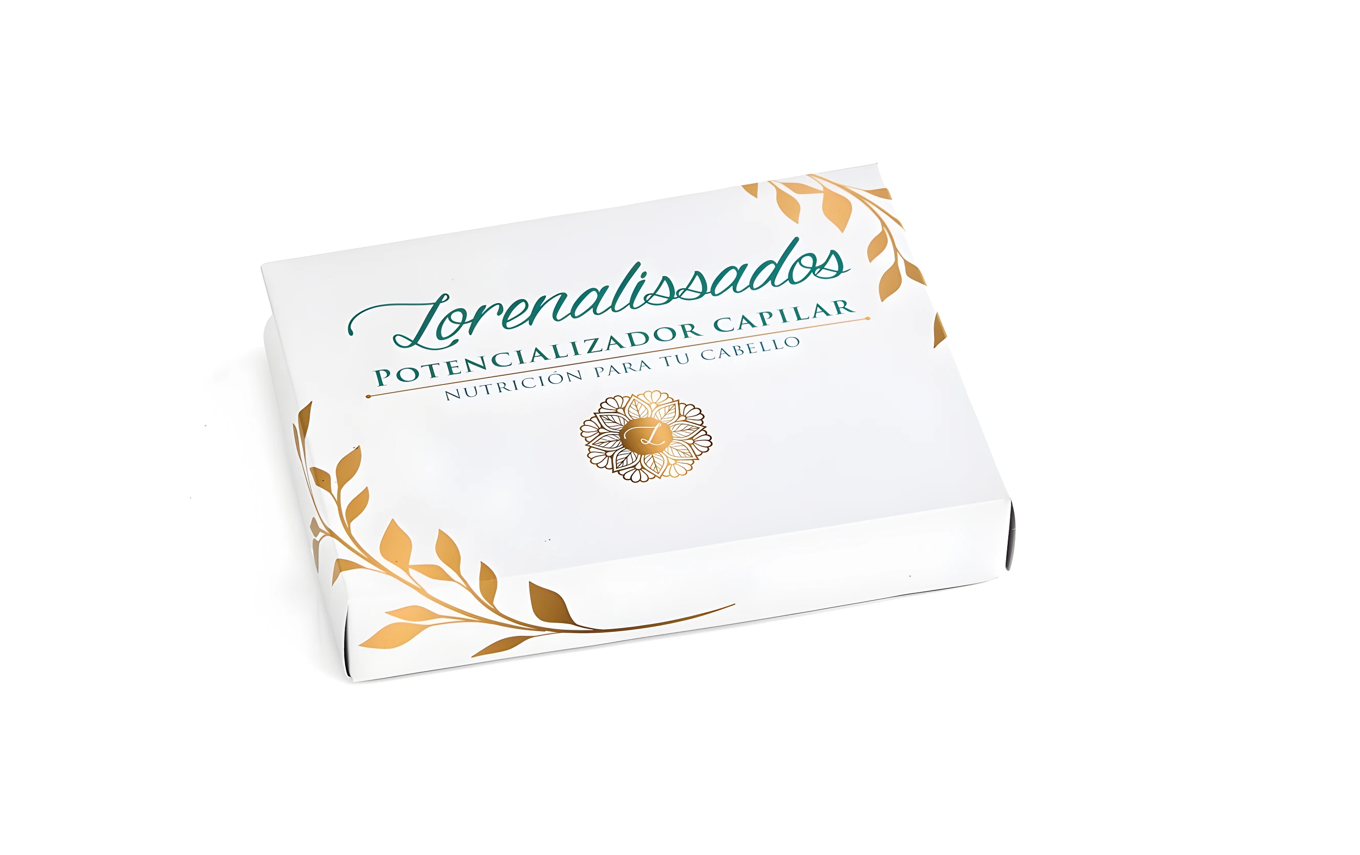 Caja blanca con diseño dorado y verde para tratamiento capilar, diseño floral.