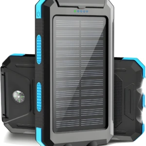 Power bank solar robusto negro y azul con panel frontal, brújula lateral y luz encendida.
