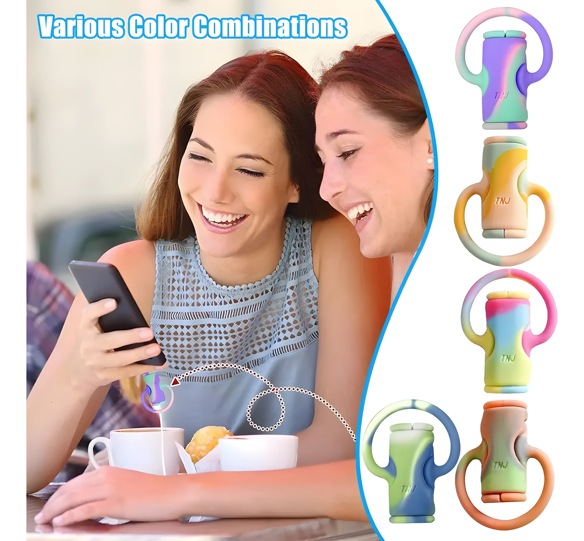 Protector de cable tipo sujetador de silicona con agarre, mostrado en varias combinaciones de colores pastel y vibrantes, en uso simulado para verter líquido.