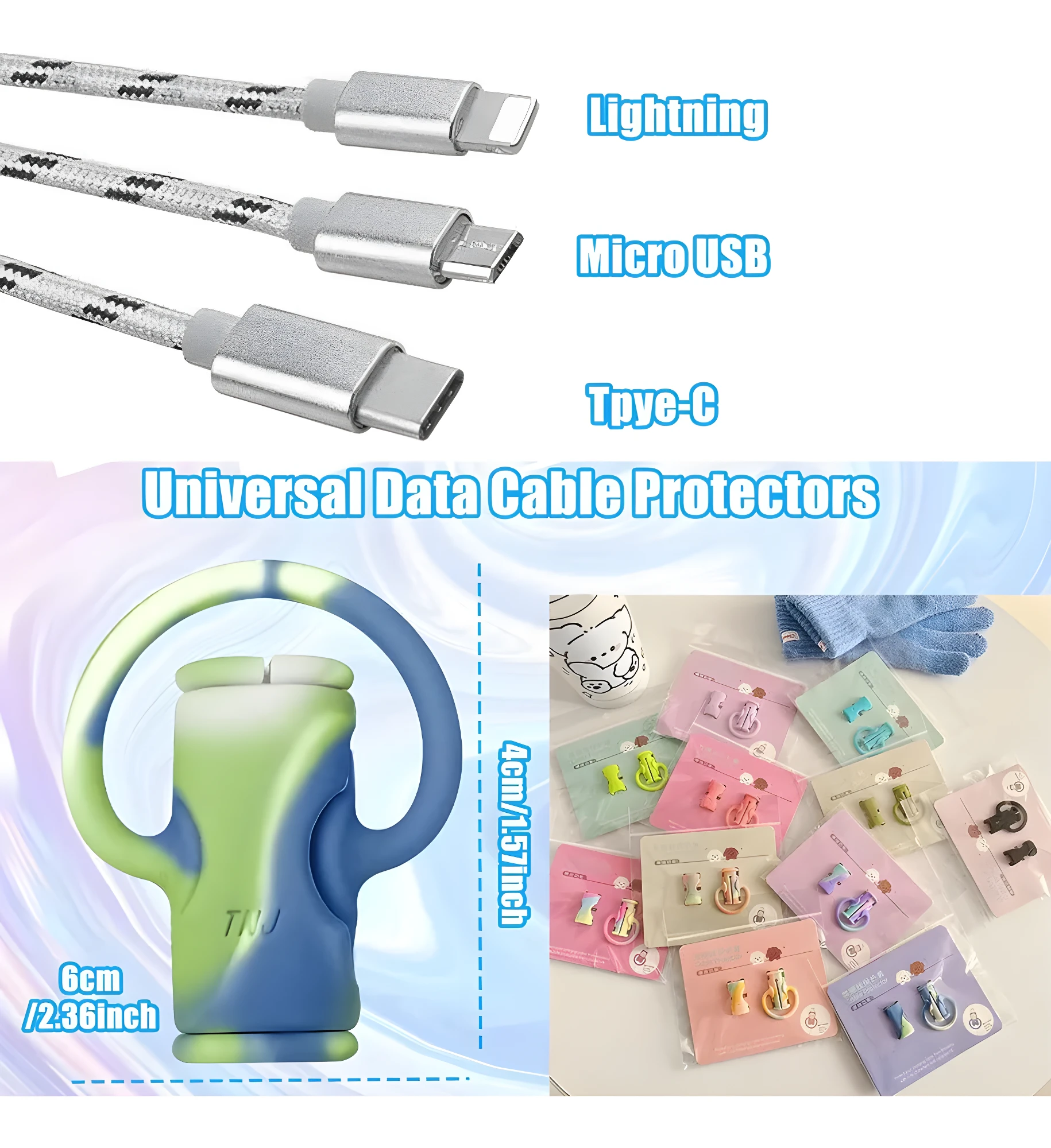 Protector de cable de datos universal TNJ silicona azul y verde, 6x4cm, junto a paquetes de protectores pequeños de colores variados.