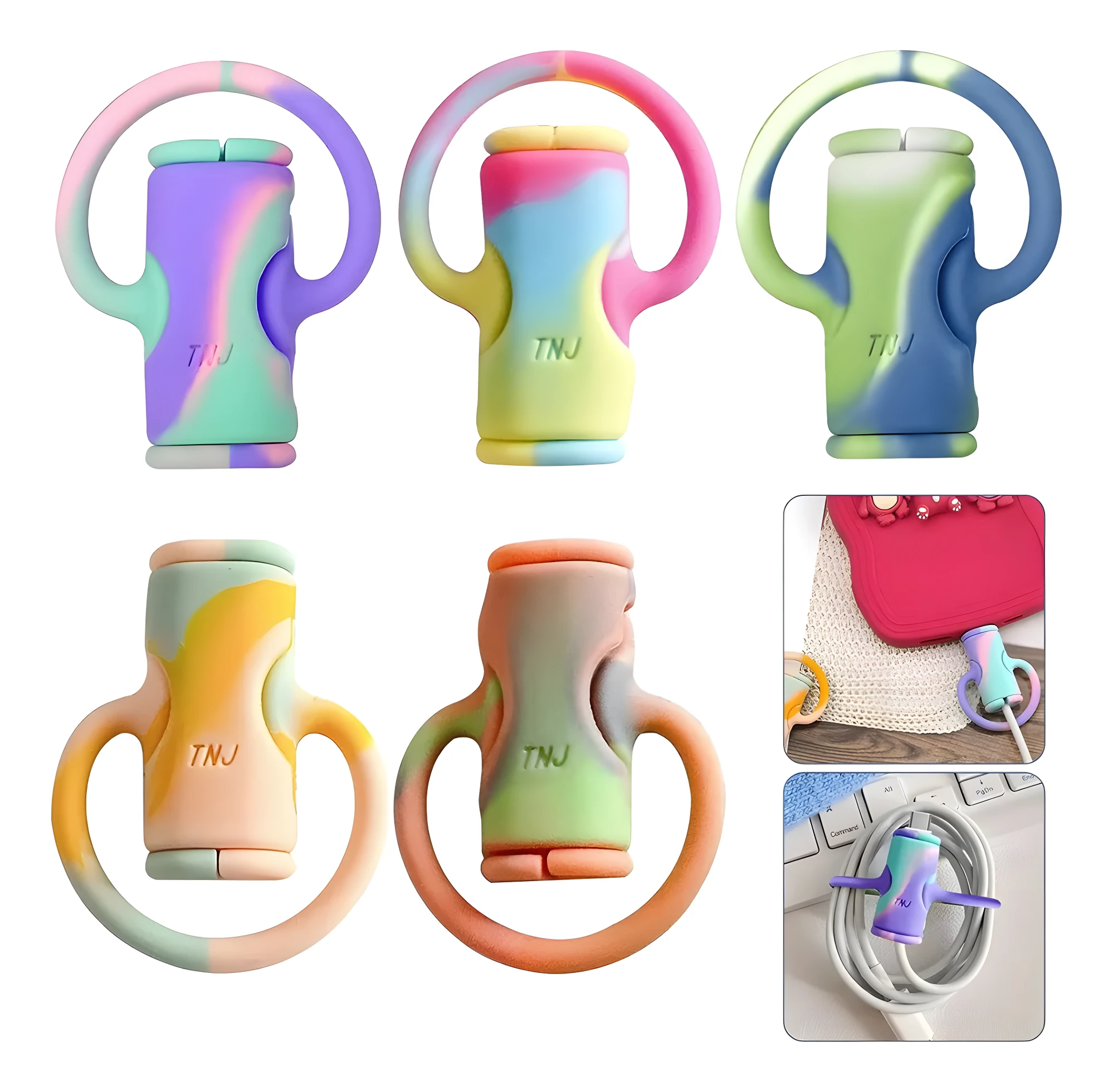 Cinco sujetadores de cable de silicona antideslizantes con diseño ombré multicolor pastel y textura suave, mostrando uso como organizador y gancho.