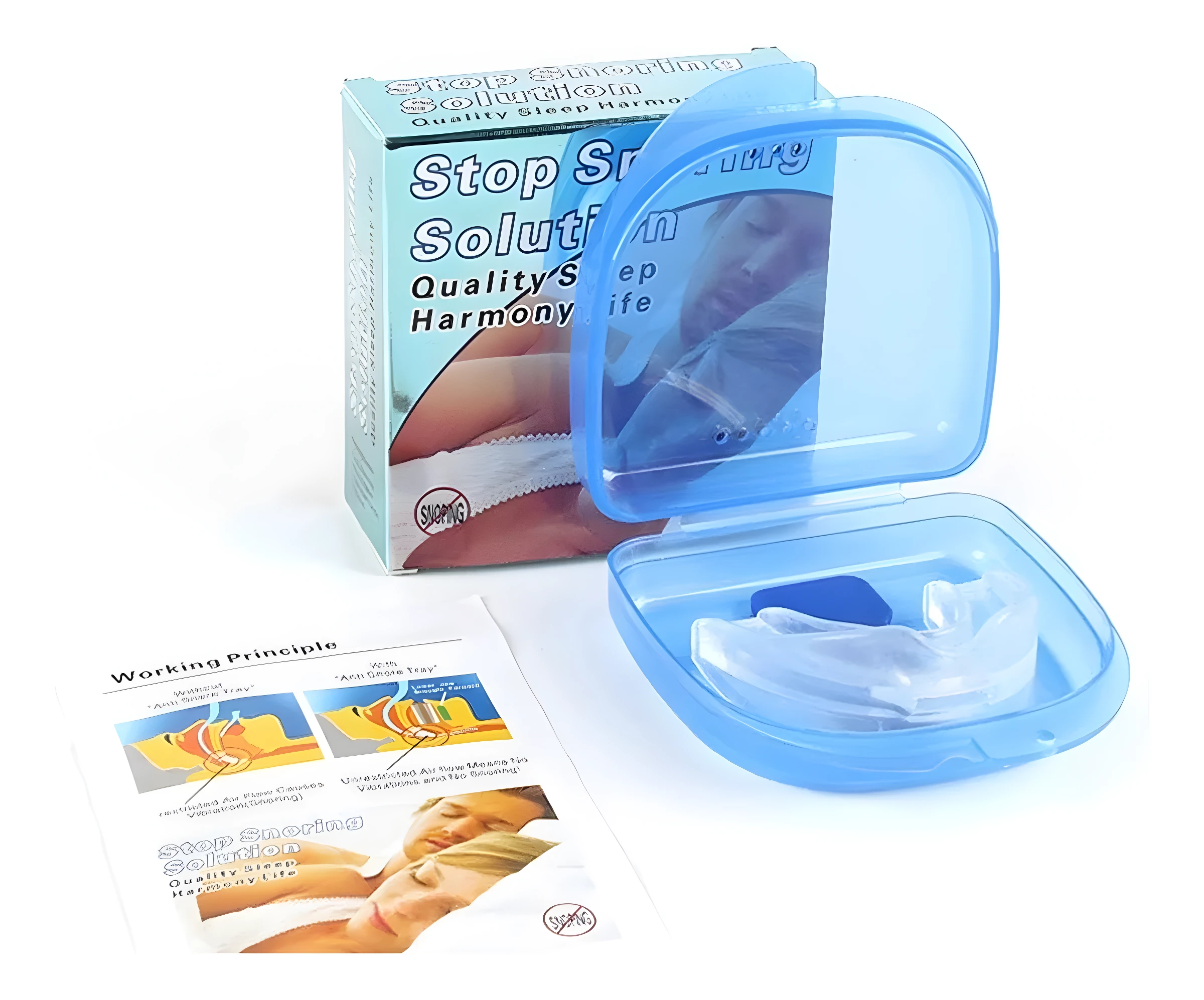 Antirronquidos bucal de silicona transparente en estuche azul, junto a su caja y folleto de principio de funcionamiento.