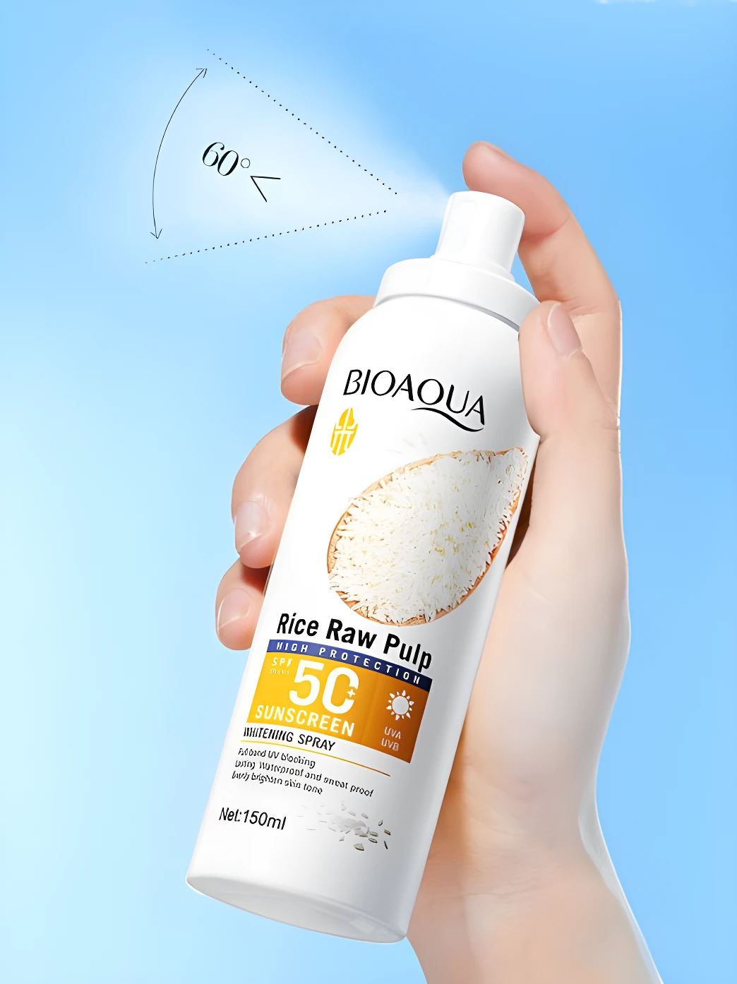 Protector solar en spray BIOAQUA Rice Raw Pulp SPF 50 alta protección.