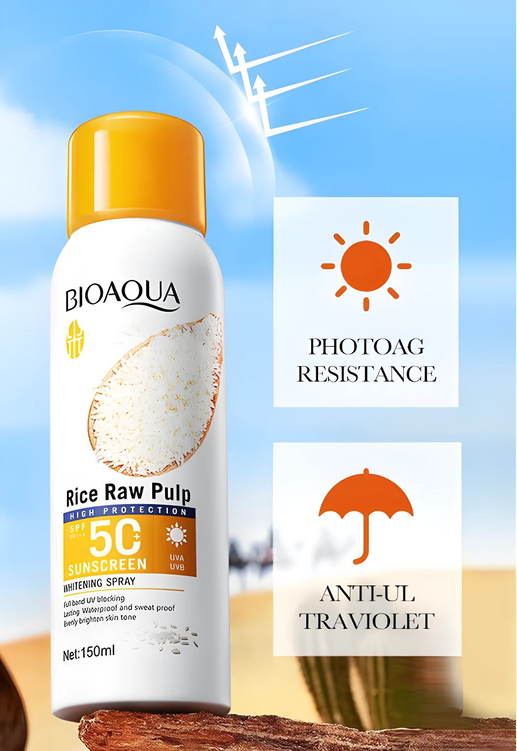 Protector solar spray BIOAQUA Arroz, SPF 50, alta protección, hidratante y aclarante, 150ml.