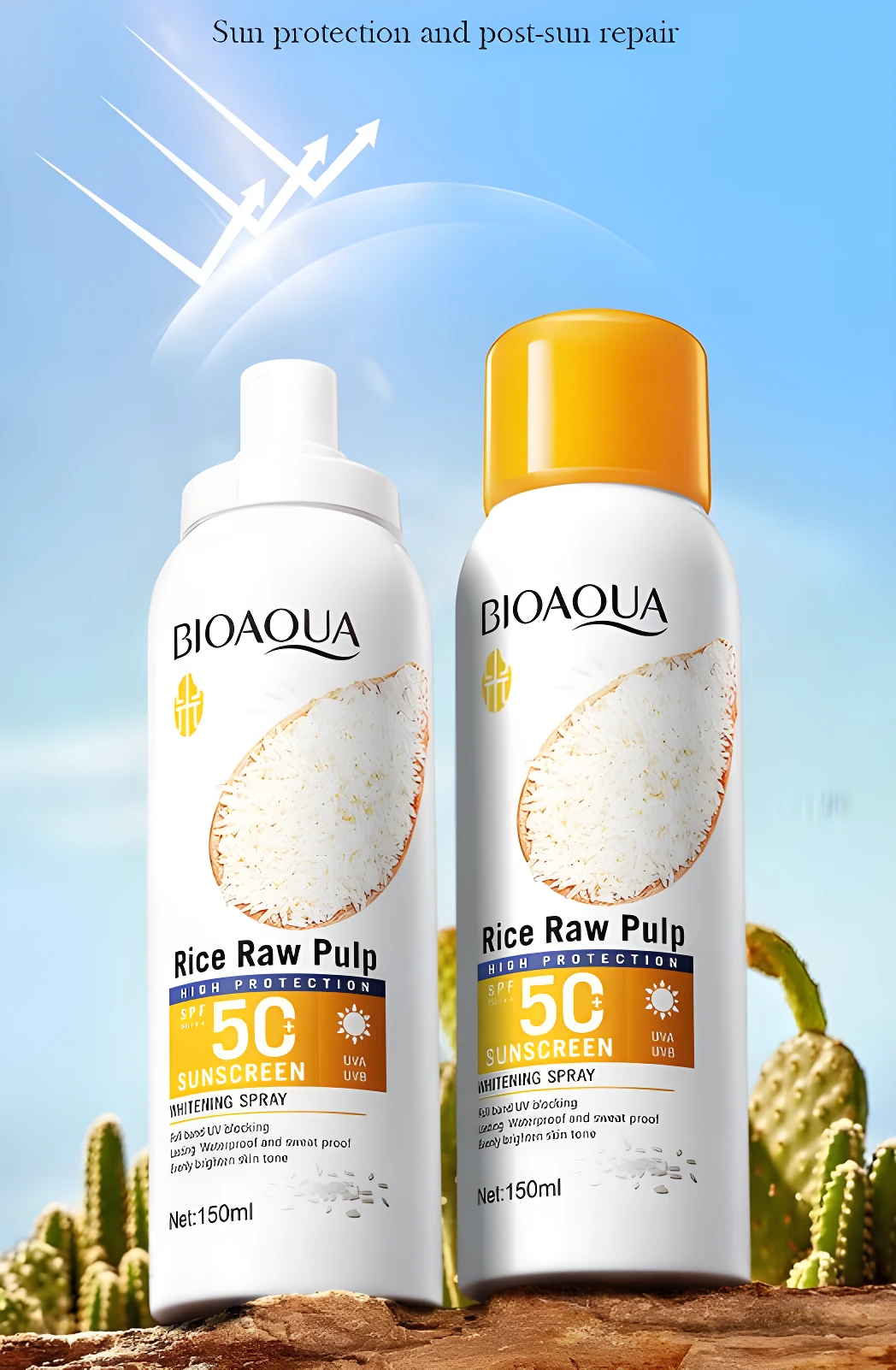 Protector solar en spray BIOAQUA Rice Raw Pulp SPF 50, duo, para protección y reparación post-solar.