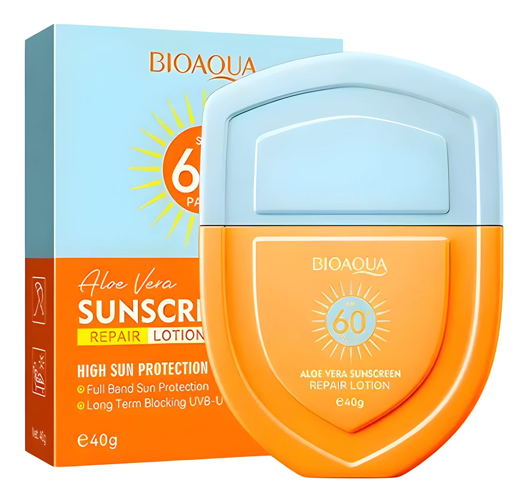 Crema solar reparadora Bioaqua Aloe Vera FPS 60 en envase naranja, con detalles de sol.