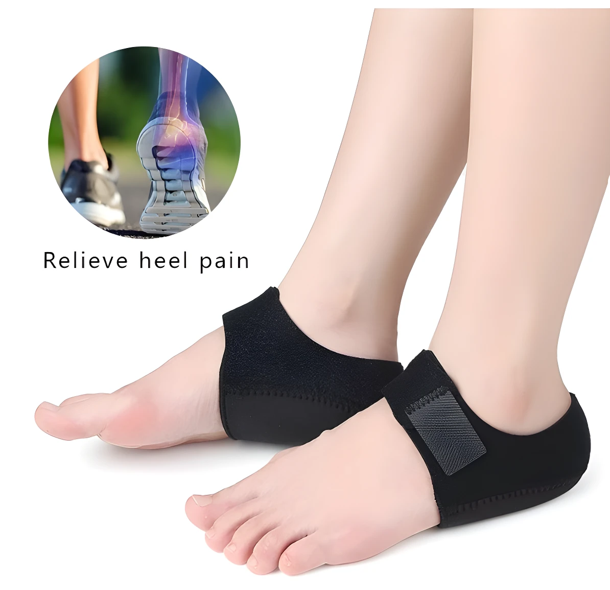 Taloneras de neopreno negro ajustables con velcro, cubriendo el talón y parte inferior del pie para aliviar el dolor.