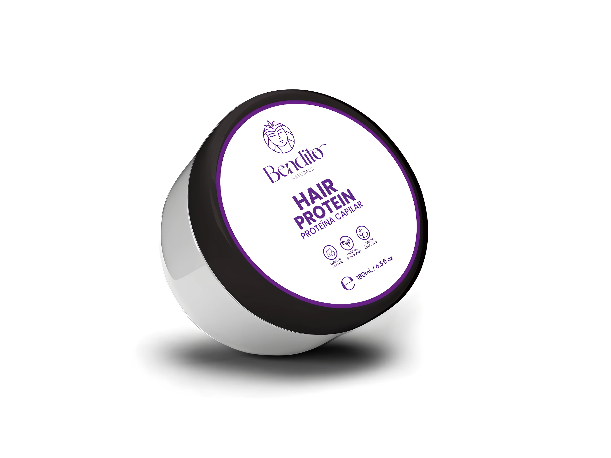 Proteína Capilar Bendito Naturals, tarro blanco y morado, 180ml. Reduce frizz, controla volumen y nutre.