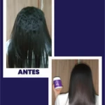 Antes y después de usar proteína capilar con aminoácidos, reduciendo frizz y controlando volumen.