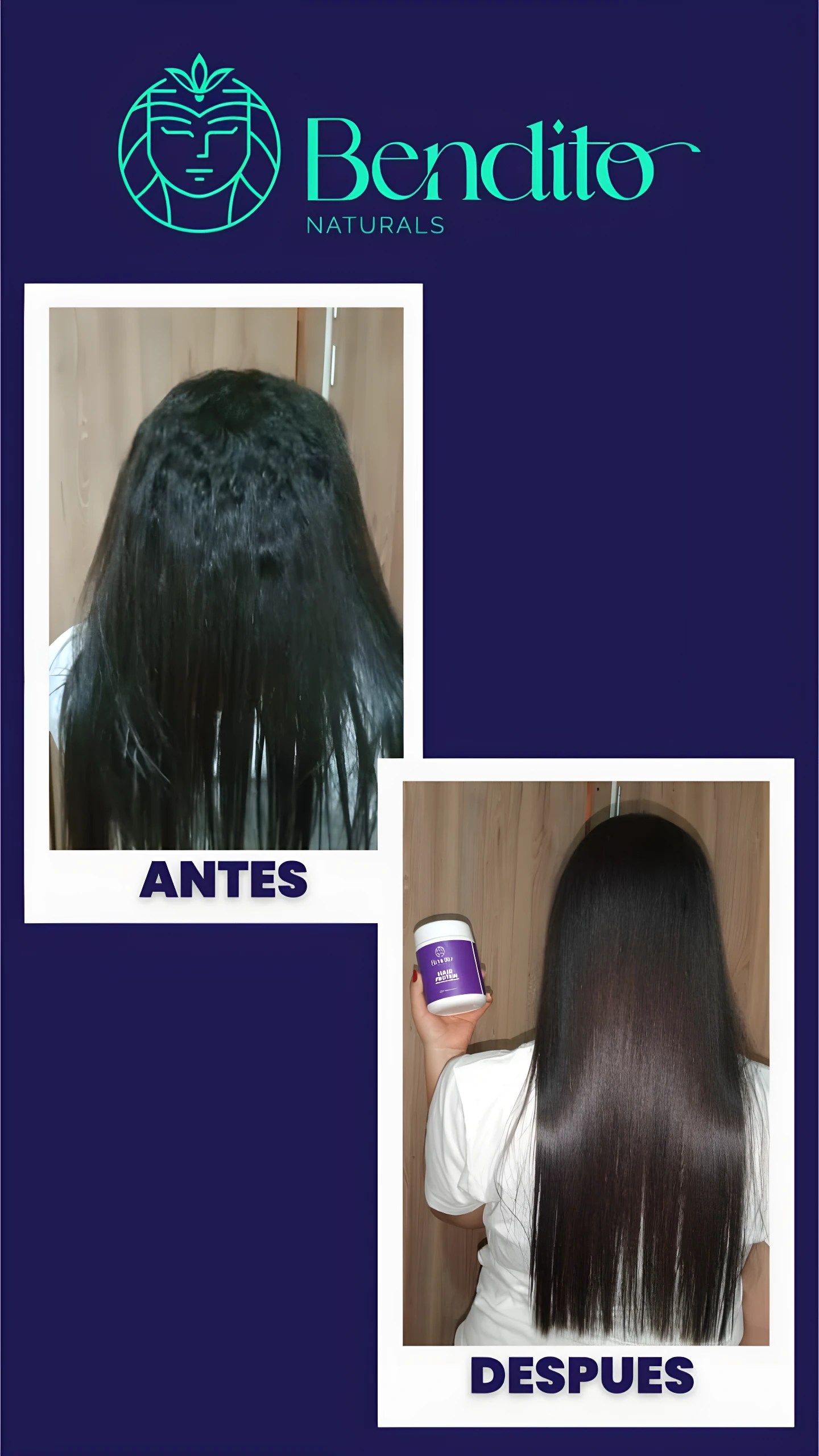 Antes y después de usar proteína capilar con aminoácidos, reduciendo frizz y controlando volumen.