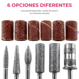 Pulidor de uñas eléctrico con 6 opciones: 5 puntas de diamante y 1 varilla con 6 bandas de lija.