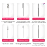 6 puntas para pulidor de uñas eléctrico: esmeril, cilindro, bala, aguja. Para gel, piel muerta y limado.