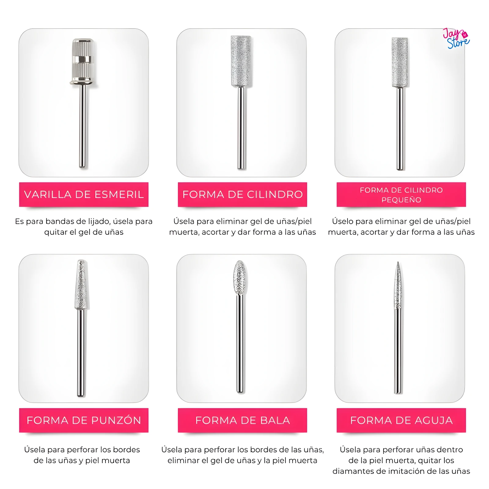 6 puntas para pulidor de uñas eléctrico: esmeril, cilindro, bala, aguja. Para gel, piel muerta y limado.