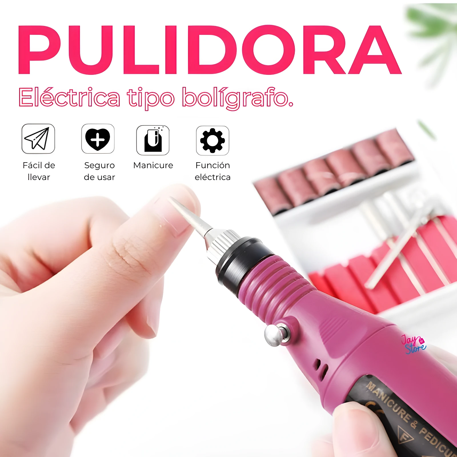 Pulidora eléctrica tipo bolígrafo púrpura en uso con kit de puntas intercambiables, ideal para manicure y pedicure en casa.