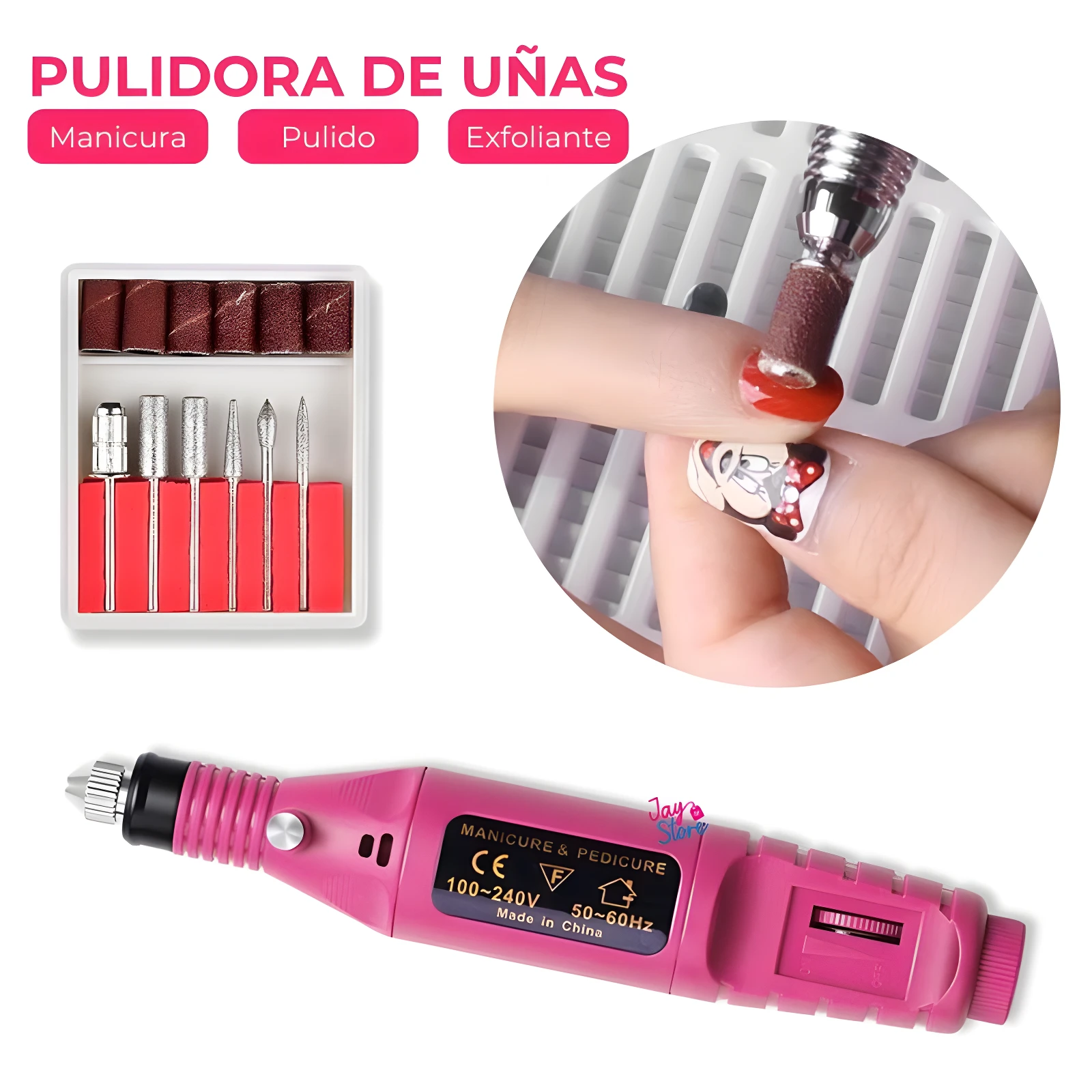 Pulidor de uñas eléctrico rosa, kit de puntas intercambiables para manicura y pedicura.