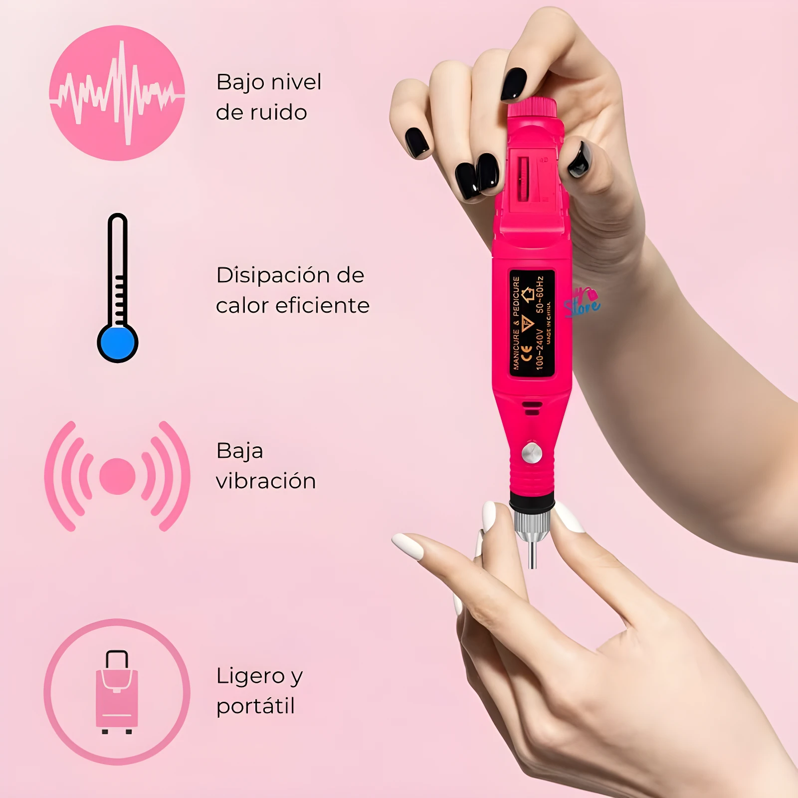 Pulidor de uñas eléctrico rosa portátil para manicura y pedicura, con baja vibración y ruido.