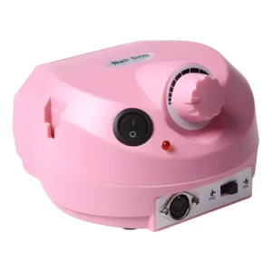 Torno pulidor de uñas rosa, compacto, con control de velocidad, interruptor y luz indicadora.