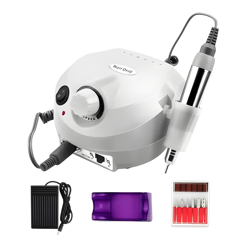 Torno pulidor de uñas blanco con esmeril y juego de puntas, incluye pedal y accesorio morado.