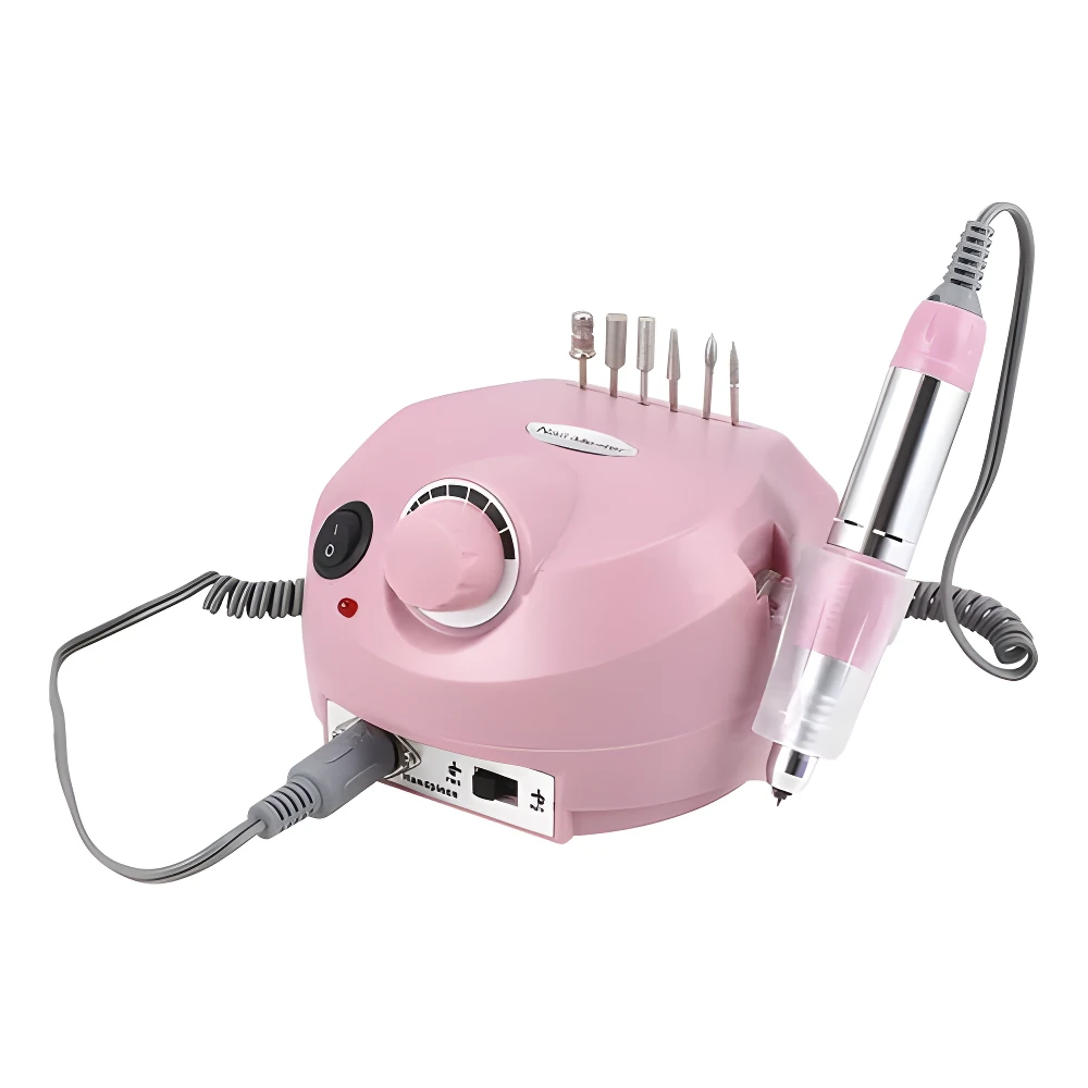 Torno pulidor de uñas profesional rosa, con motor, pedal, 6 brocas y ajuste de velocidad.