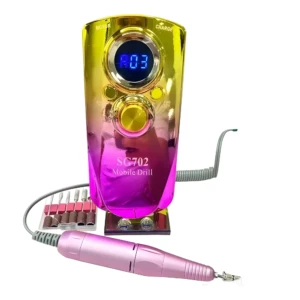 Pulidor de uñas inalámbrico SG702 dorado y rosa, con pantalla digital, set de puntas y pieza de mano rosa.