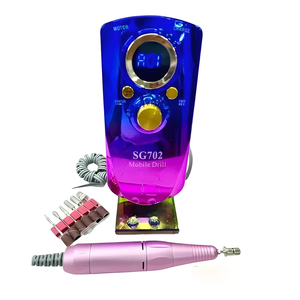 Pulidor de uñas inalámbrico SG702 azul y rosa, con mango rosado y accesorios.