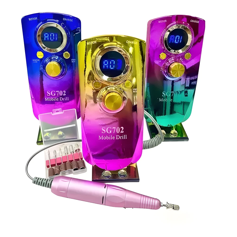 Pulidor de uñas SG702 inalámbrico, diseño degradado vibrante, incluye 6 puntas de manicura y estuche.