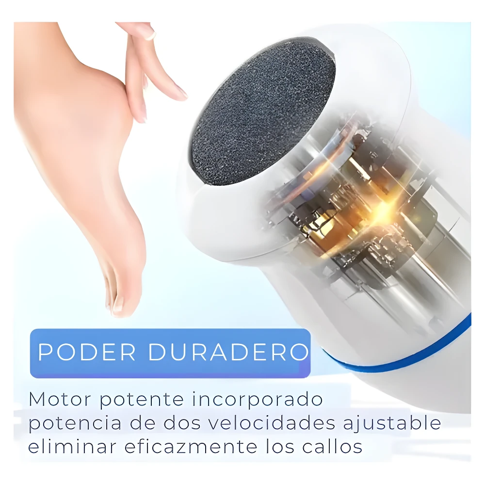Quita callos eléctrico blanco con motor visible y cabezal de lija oscuro, mostrando la piel del talón lista para ser tratada.