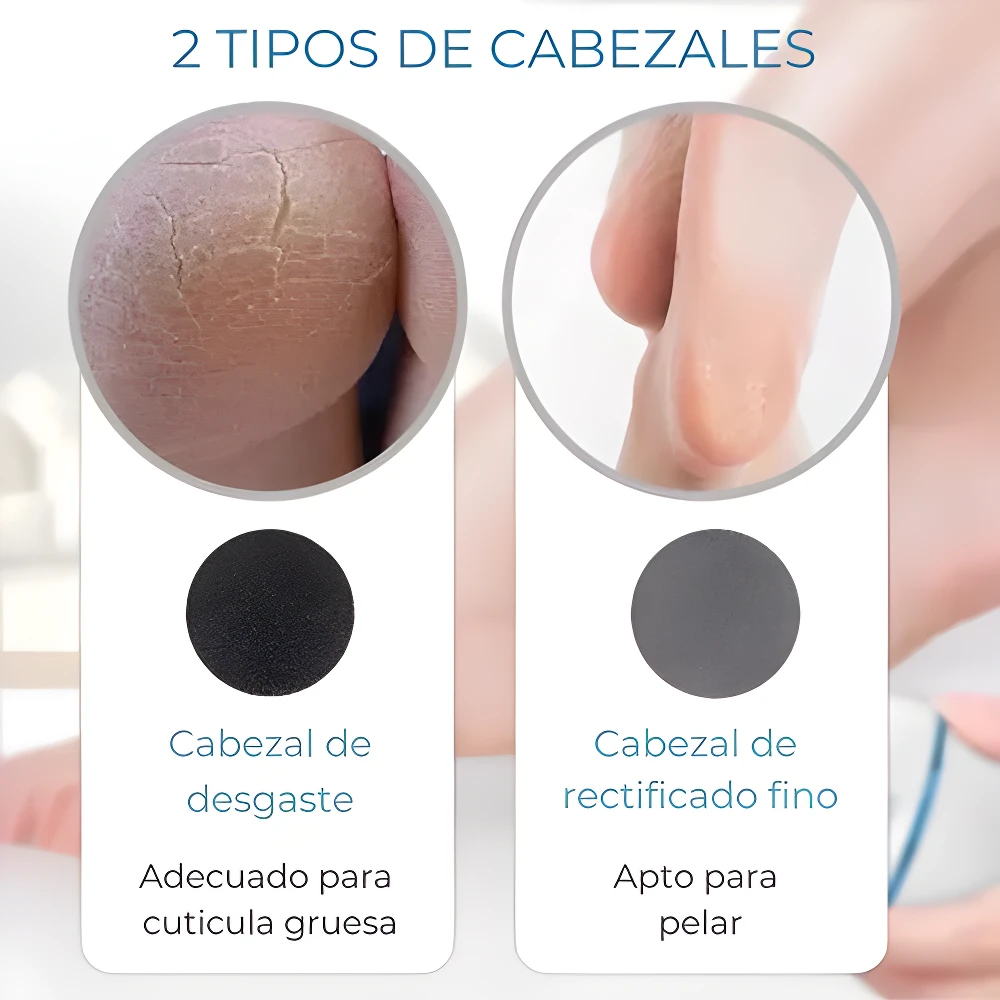 Dos cabezales para removedor de callos: uno negro de desgaste para cutícula gruesa y uno gris de rectificado fino para piel suave.