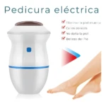 Pulidor eléctrico blanco y azul para pedicura, mostrando beneficios: eliminar piel muerta y callos, con piernas y pies suaves como resultado.
