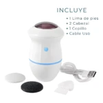 Set removedor de callos eléctrico blanco con recarga USB, dos cabezales lima, cepillo y tapa. Incluye lista de accesorios.