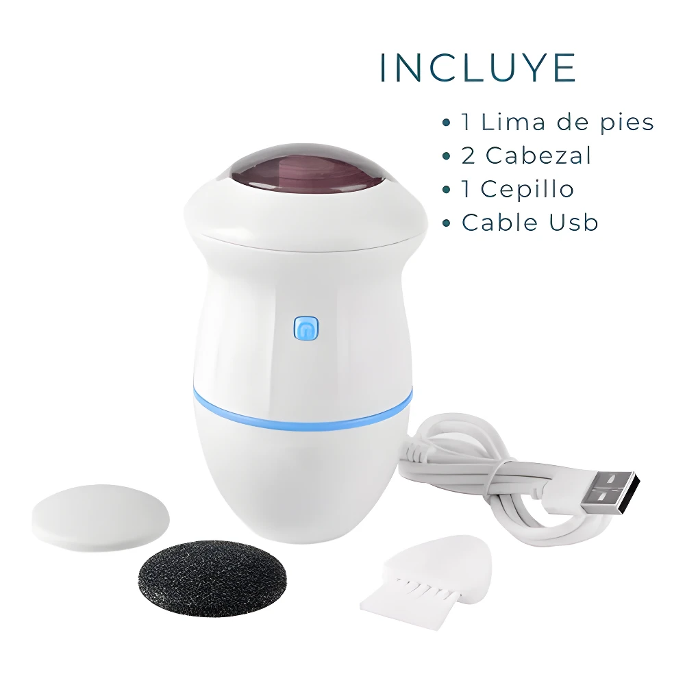 Set removedor de callos eléctrico blanco con recarga USB, dos cabezales lima, cepillo y tapa. Incluye lista de accesorios.