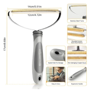 Quitapelusas metálico de doble cara con mango ergonómico, ideal para telas.