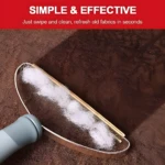 Quitapelusa metálico sobre tela marrón, recogiendo pelusas blancas. Simple y efectivo para telas.