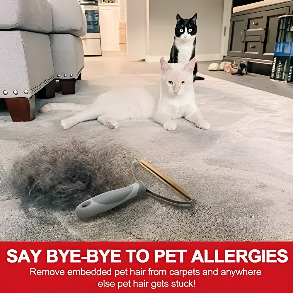 Set x2 quita pelo gris y dorado para alfombras, con dos gatos y pelusa. Say bye-bye pet allergies.