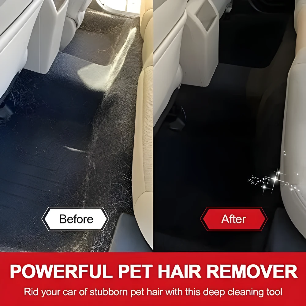 Antes y después: interior de automóvil con alfombras y asientos limpios de pelo de mascota.