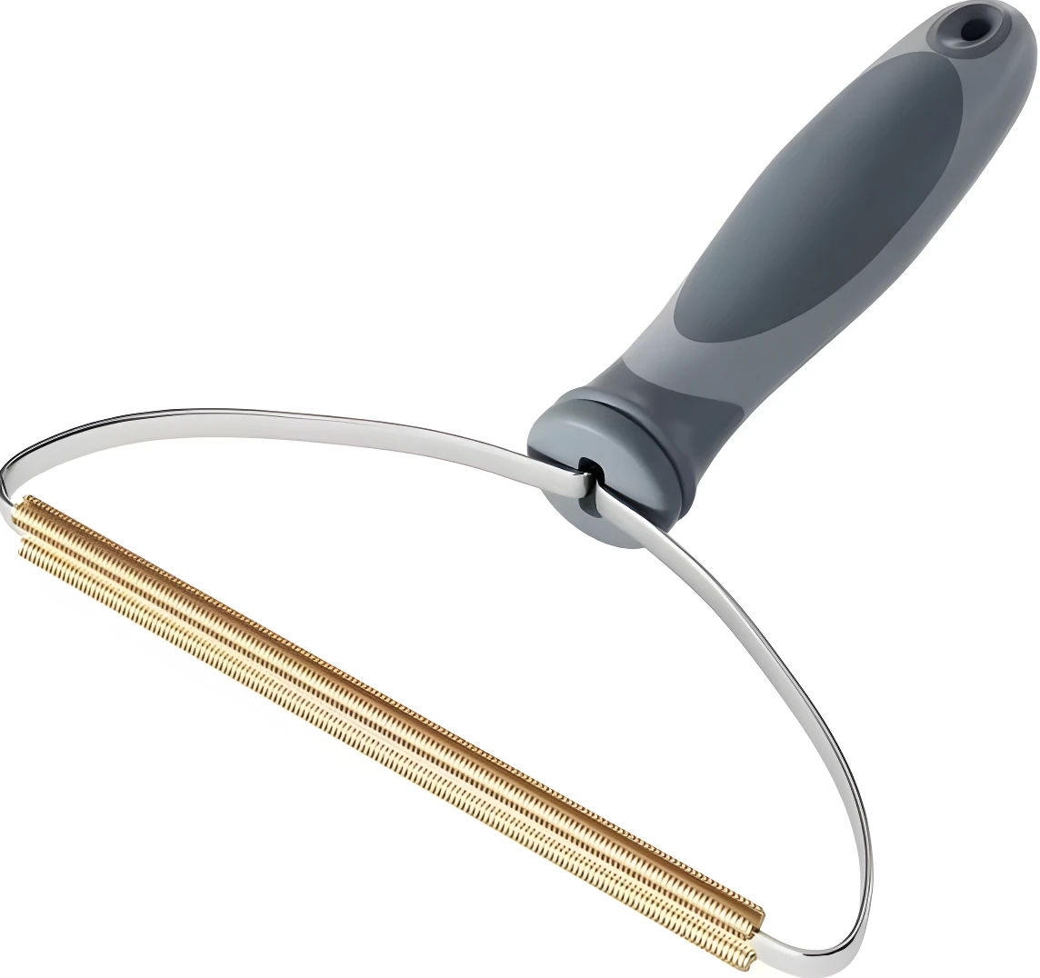 Quitapelo metálico con mango gris para telas, elimina pelo de mascotas.