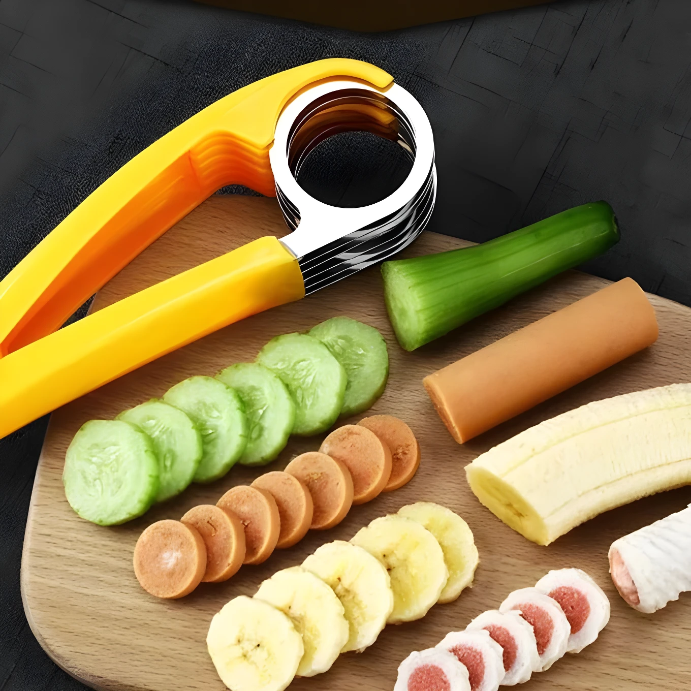 Rebanador amarillo de acero inoxidable cortando plátano en rodajas sobre tabla de madera.