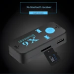 Receptor Bluetooth X6 negro, con ranura para tarjeta Micro SD de 8GB, botones de control y puerto de carga en primer plano.