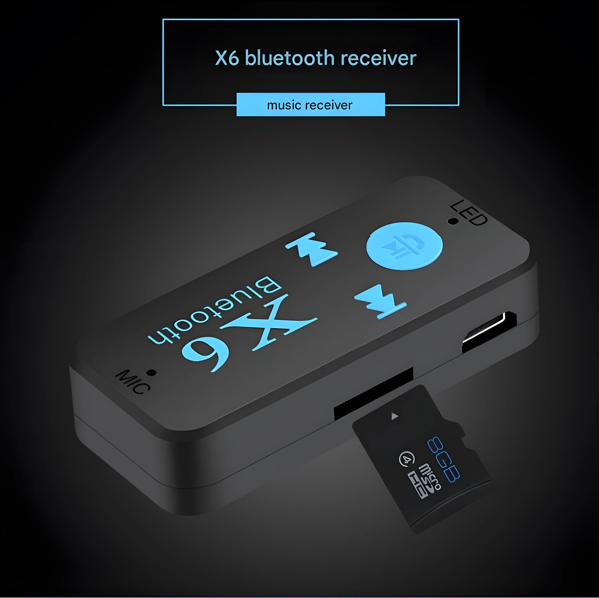 Receptor Bluetooth X6 negro, con ranura para tarjeta Micro SD de 8GB, botones de control y puerto de carga en primer plano.