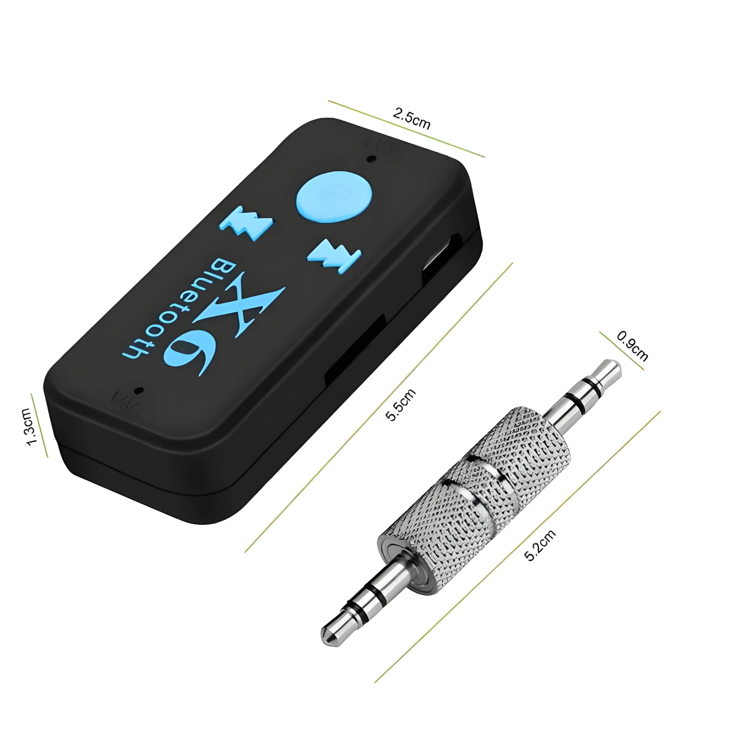 Receptor Bluetooth X6 negro de 5.5x2.5x1.3cm junto a un adaptador jack 3.5mm de 5.2cm.