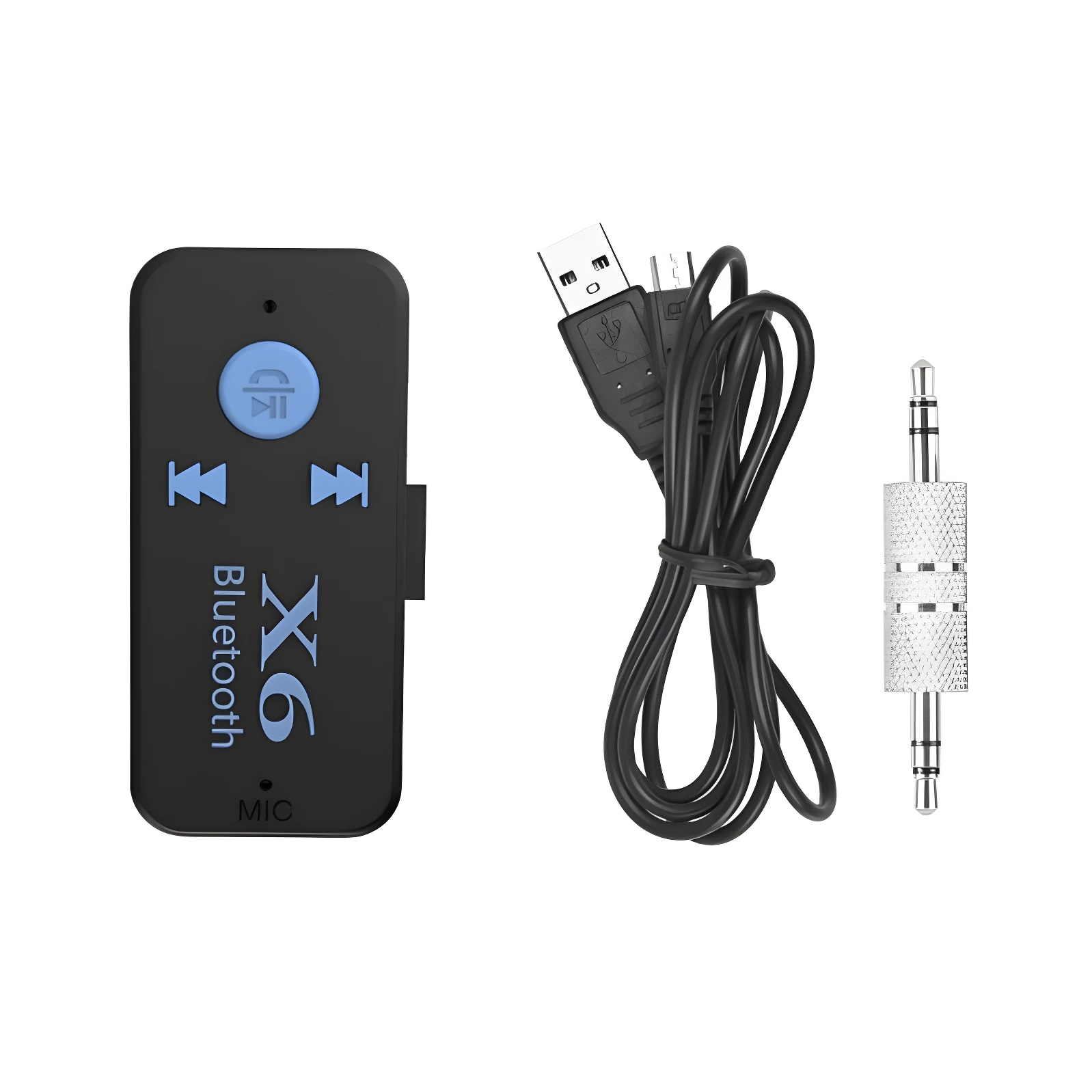 Receptor Bluetooth X6 negro con botones azules, cable de carga USB a micro USB y adaptador de audio macho a macho.