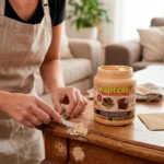 Mujer aplica masilla orgánica color madera clara con espátula para reparar agujeros en mueble antiguo de madera oscura.