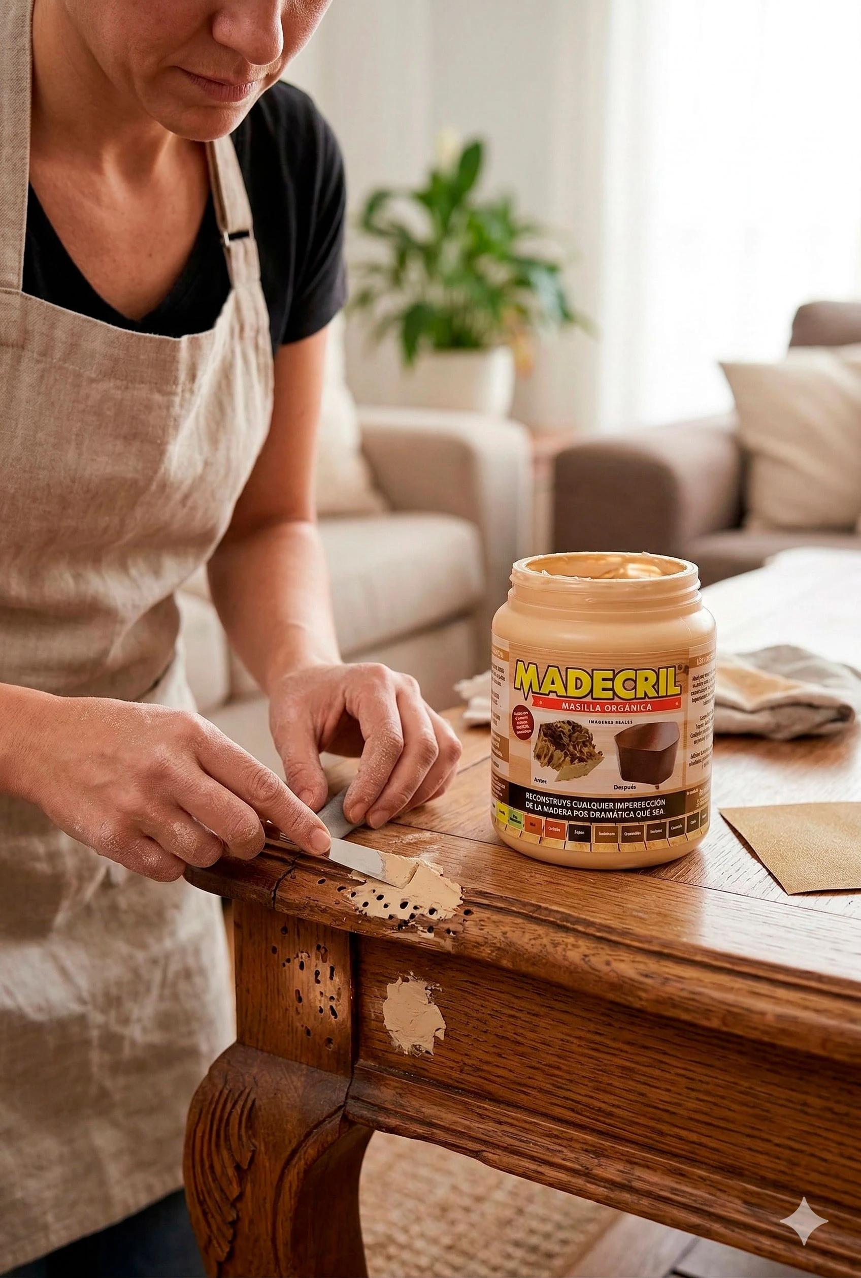 Mujer aplica masilla orgánica color madera clara con espátula para reparar agujeros en mueble antiguo de madera oscura.