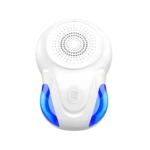 Repelente ultrasónico blanco con detalles azules, para hogar sin plagas.