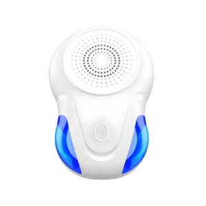Repelente ultrasónico blanco con detalles azules, para hogar sin plagas.